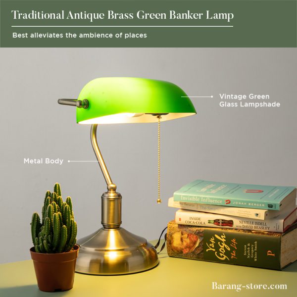 Traditional Antique Brass Green Banker Lamp