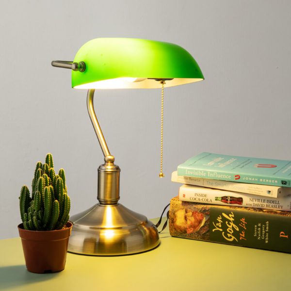 Traditional Antique Brass Green Banker Lamp